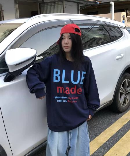 후아 면 복합 프린트 라운드 넥 후드티 여성 얇은 스타일 털이 있는