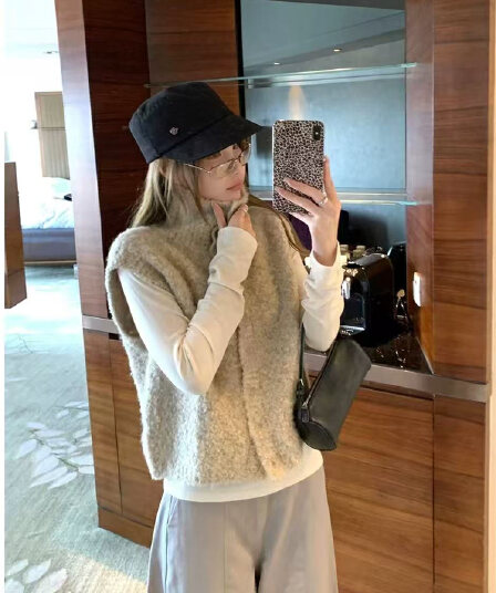 오트밀 우유 버블 터틀넥 양모 니트 조끼 여자 세련된 외국 가스 스택 착용 외부 가져 가라. 조끼