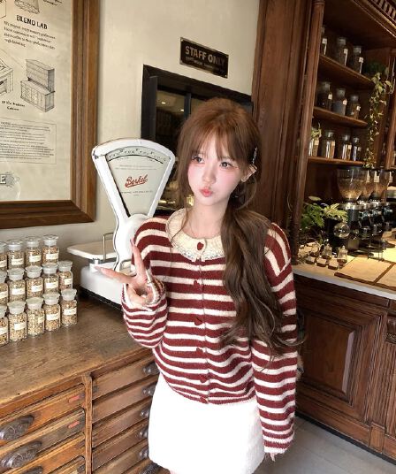 한 부서 학원 스타일 달콤함 귀여운 스트라이프 니트 오픈 가디건 여성 가을 겨울 루즈핏 다용도 연령 감소 작은 키 맨위 트렌디