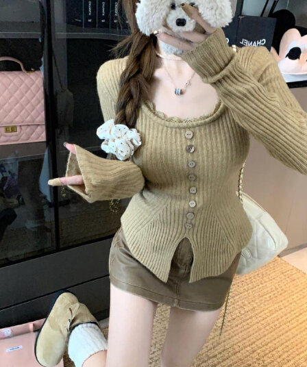 앤디 플러시 워시 물 레이스 조각 니트 스웨터 가을 겨울 몸매 가꾸기 슬림해 보이는 디자인 센스 다용도 맨위