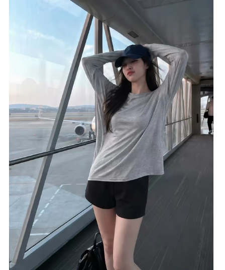 느슨함 바람 루즈핏 긴팔 티셔츠 여성 이른 가을 가을 어깨 소매 라운드 넥 풀오버 회색 맨위 느슨함 센스 착용 가져 가라.