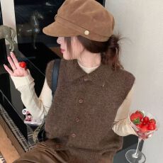 批发北极绒洗水流行爆款女外穿棕色毛衣针织马甲秋<b class='q'>冬</b>叠穿背心
