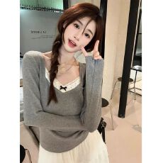 批发蕾丝拼接T恤女秋冬小心机加厚磨毛内搭<b class='q'>长袖</b>打底衫上衣ins