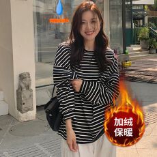 批发螺纹色织条抓绒 秋冬新款高品质<b class='q'>条纹</b><b class='q'>打底衫</b>女宽松慵懒风长袖t恤女
