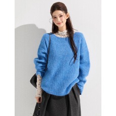 批发圆领宽松套头尼罗蓝毛衣女秋冬韩系温柔风外穿毛织<b class='q'>上衣</b>