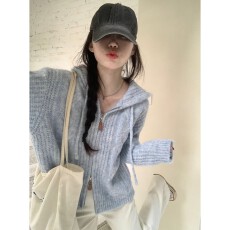 批发韩版软糯宽松双拉链连帽针织开衫女秋冬慵懒风外搭显瘦毛衣外套潮