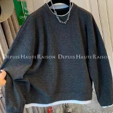 独特设计感灰色撞色加绒假两件T恤卫衣打底衫宽松上衣女新款