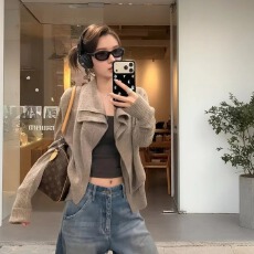 批发秋冬新款 折纸开衫宽松百搭双襟开衫女时尚气质显瘦短款外套上衣