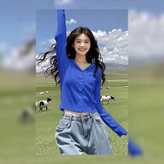 批发多巴胺克莱因蓝连帽针织开衫女短款设计感毛衣外套
