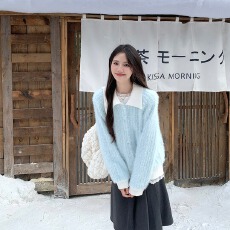 批发双面拼接仿貂毛外套女冬季宽松保暖加厚针织衫毛衣