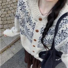 批发费尔岛提花针织<b class='q'>开衫</b>女春装新款复古宽松慵懒软糯外搭百搭毛衣外套