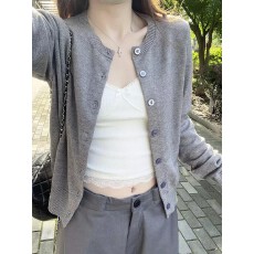 批发灰色针织开衫<b class='q'>女</b>宽松外穿薄款秋冬新款小香风气质打底百搭<b class='q'>毛衣</b>外套