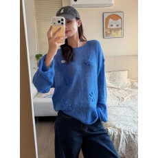批发设计感蓝色立体花朵长袖针织衫女早秋新款洋气慵懒风宽松轻薄<b class='q'>毛衣</b>