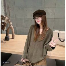 批发极简风插肩V领针织衫女秋季新款宽松显瘦百搭套头毛衣慵懒风上衣