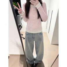 韩系假两件设计感粉色条纹长袖t恤女秋季百搭正肩修身打底衫上衣