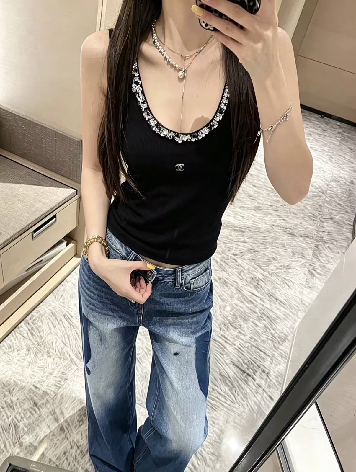 폭발 반드시 입력 작은 샤넬 스타일 데님 와이드 레그 팬츠