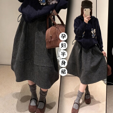 批发现~孕妇秋<b class='q'>冬</b>新款高级感韩季极简复古毛呢八分半身裙