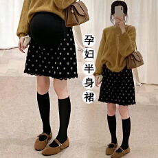 批发现~孕妇秋<b class='q'>冬</b>新款波点拼接蕾丝A字孕妇托腹半身裙