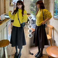 批发新品~孕妇新款深灰毛呢宽松显瘦孕妇半身伞裙