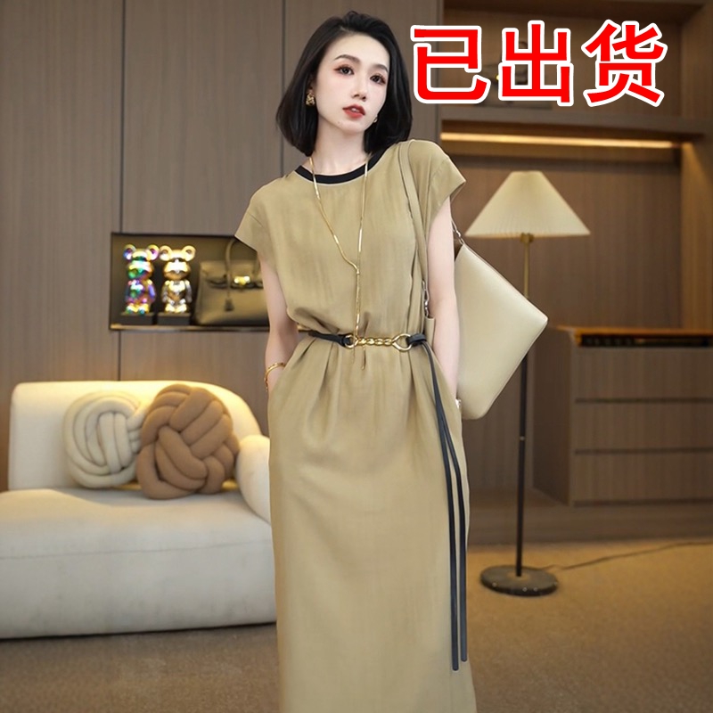 FA34849# 欧货新款时髦简约撞色圆领短袖连衣裙配腰带女夏 服裝批發女裝批發服飾貨源