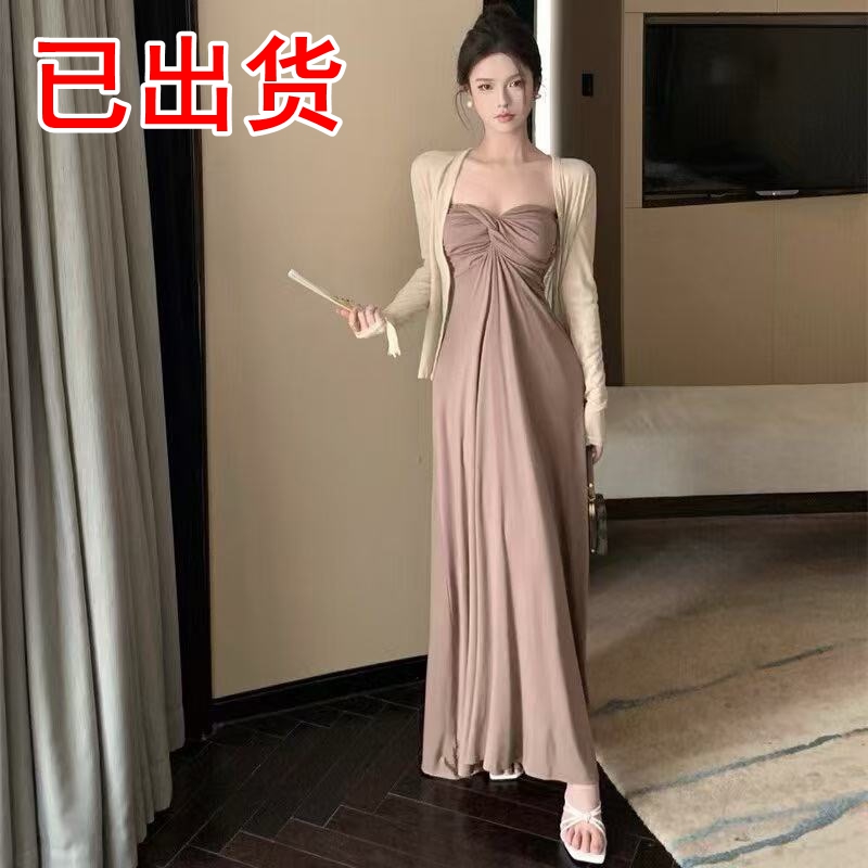 FA34844# 纯欲风扭结抹胸长款连衣裙+长袖防晒开衫两件套女 服裝批發女裝批發服飾貨源