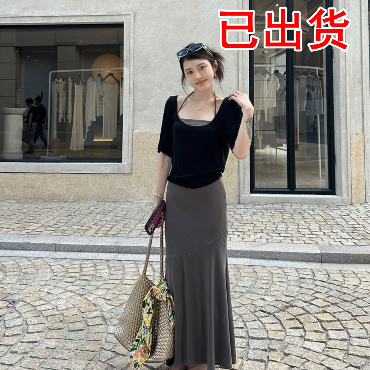 FA34843# 夏新款U领短袖T恤+挂脖背心+a字半裙三件套女 服裝批發女裝批發服飾貨源