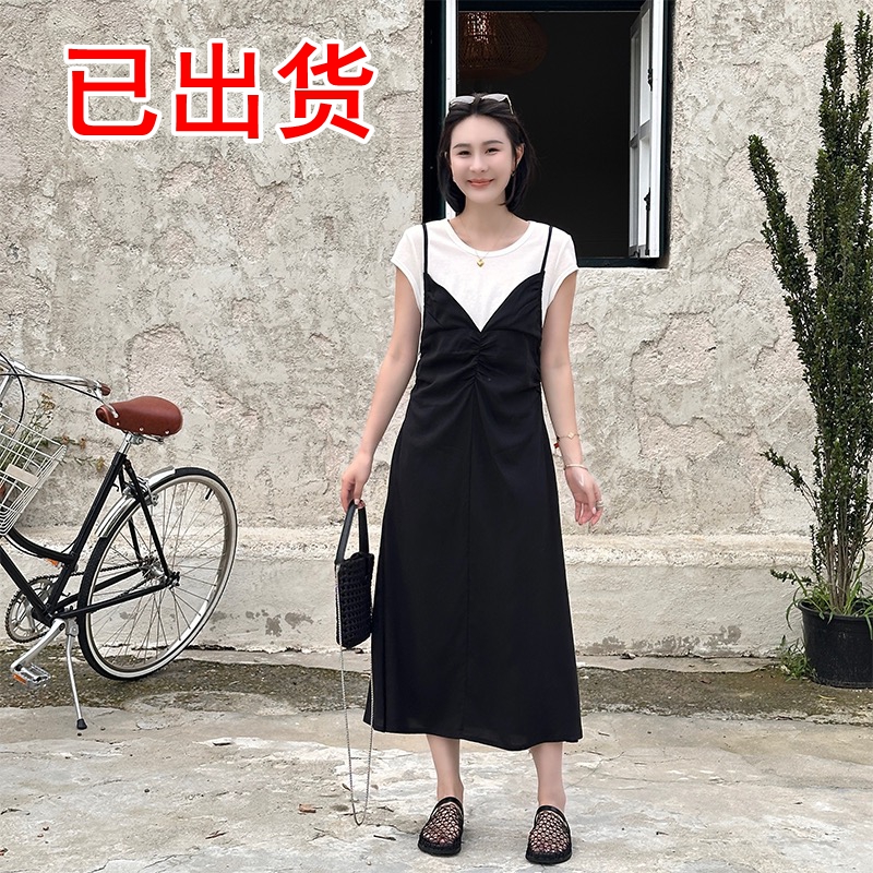 FA34842# 韩版时尚圆领假两件连衣裙女夏季显瘦舒适百搭长裙 服裝批發女裝批發服飾貨源