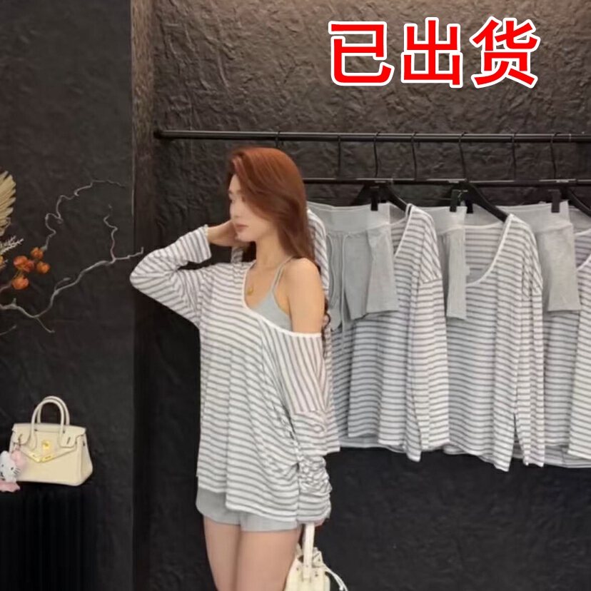 FA34835# U领条纹长袖防晒T恤+吊带背心+短裤三件套女 服裝批發女裝批發服飾貨源