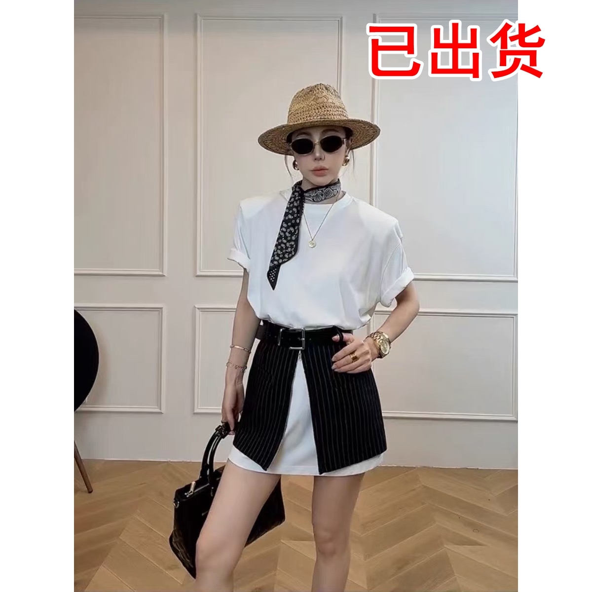 FA34836# 长款短袖T恤上衣+条纹拉链半裙+腰带三件套女 服裝批發女裝批發服飾貨源