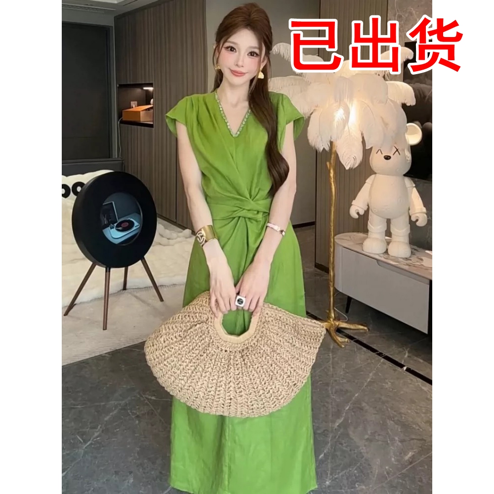 FA34840# 夏新款设计感收腰显瘦连衣裙时尚V领短袖长裙女 服裝批發女裝批發服飾貨源