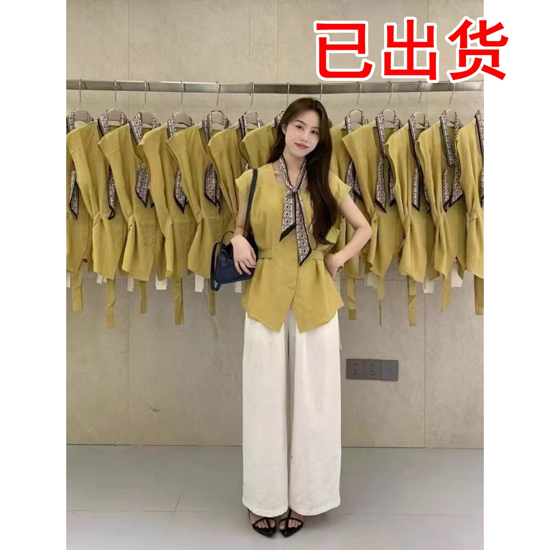 FA34841# 夏季新款时尚后腰系带显瘦小衫上衣+丝巾两件套女 服裝批發女裝批發服飾貨源