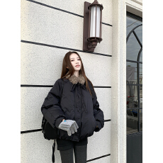 批发实拍 大码冬季新款设计感小众上衣毛领加厚黑色花苞棉服外套女