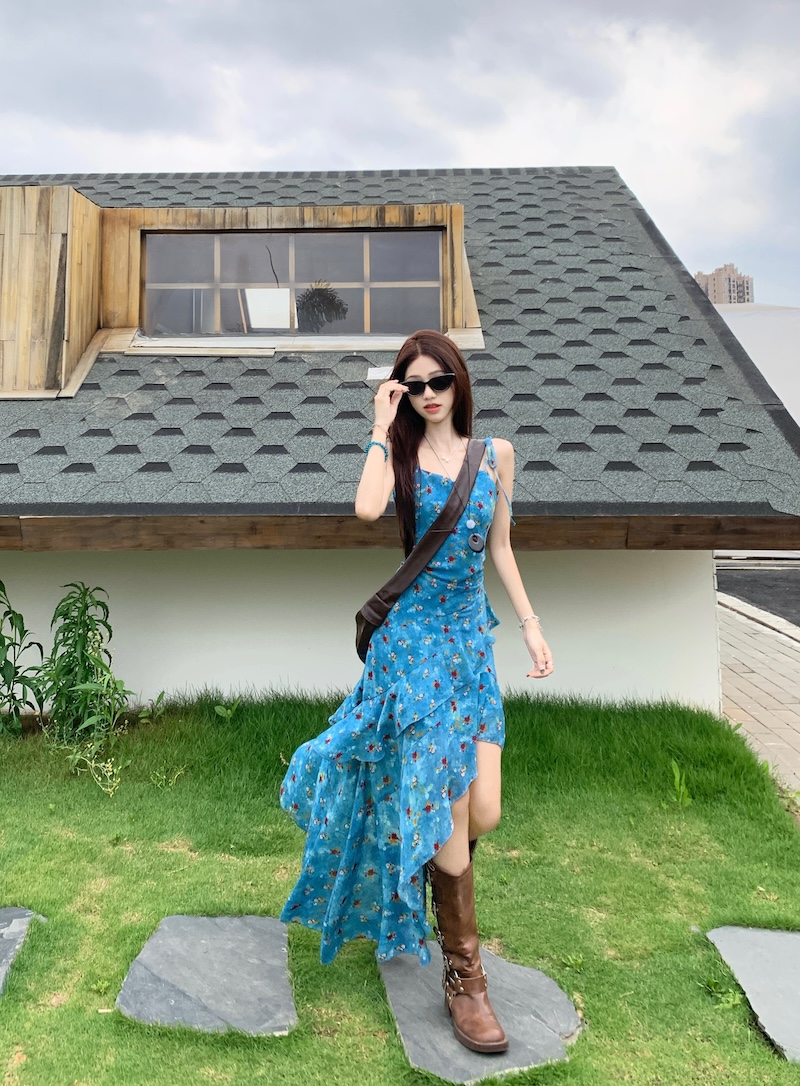 실사 빅 사이즈 지방 mm 디자인 센스 불규칙 꽃무늬 슬립 드레스