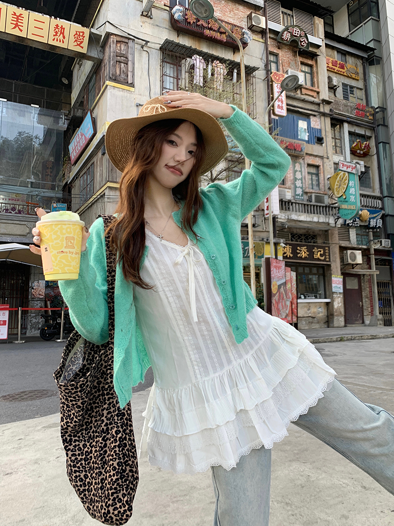 실사 순수한 욕망 소녀 케이크 밑단 민소매 조끼 스커트 다용도 스택 착용 슬립 맨위 여성 모직물 오픈 가디건