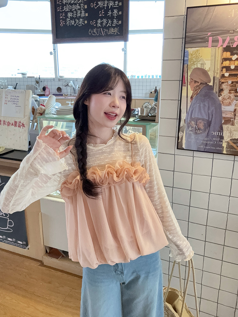 실사 정가 달콤함 슬립 긴팔 티셔츠 다용도 이른 봄 맨위 투피스 세트
