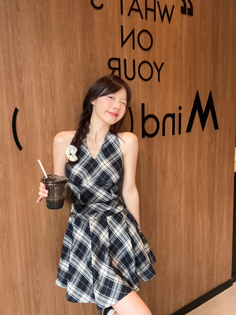 실사 빅 사이즈 지방 mm 흑인과 백인 체크무늬 여성 드레스 여름 핫걸 조끼 스커트