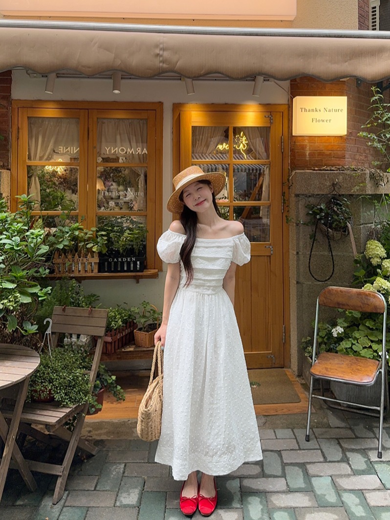 실사 여름 새로운 주름 거품 소매 라미 조금 화이트 드레스