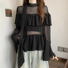 批发实拍实价法式黑色<b class='q'>雪纺衫女</b>夏季设计感双层荷叶边轻透衬衣