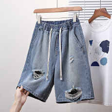 批发实拍夏新款大码破洞宽松阔腿男友风牛仔中性五分裤胖MM松紧腰中裤
