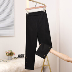 批发实拍春新款大码黑色松紧腰直筒弹力九分女裤胖MM高腰OL韩版女裤