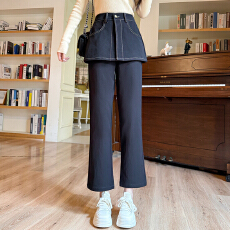 批发实拍2026<b class='q'>春</b>新款大码假二件高腰休闲裙裤胖MM松紧腰遮肚九分女裤