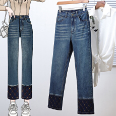 批发实拍2026春款大码韩版直筒九分<b class='q'>牛仔</b>裤<b class='q'>女</b>松紧腰胖MM<b class='q'>女</b>裤弹力烟管裤