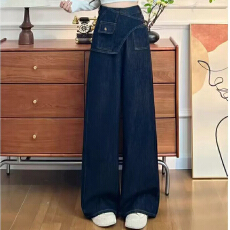 批发实拍<b class='q'>秋</b>新款大码阔腿牛仔长裤胖MM弹力网红直筒裤遮肚松紧腰裙裤