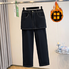 批发实拍冬新款大码加绒加厚假二件高腰休闲裙<b class='q'>裤</b>胖MM松紧腰遮肚女长<b class='q'>裤</b>