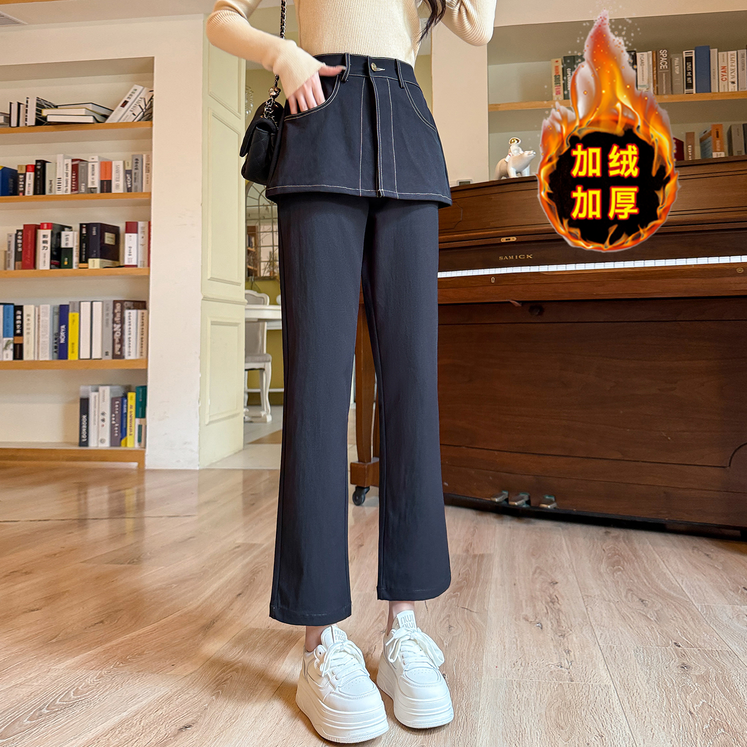 MY15047# 新款大码加绒加厚假二件高腰休闲裙裤胖MM松紧腰遮肚女长裤女裝貨源服裝批發