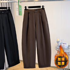 批发实拍冬新款大码梨形身材加绒加厚遮跨显瘦休闲裤胖MM弯刀阔腿女裤