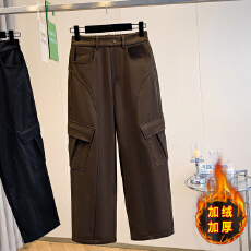 批发实拍冬新款大码直筒加绒加厚工装裤胖MM显瘦休闲保暖女长裤