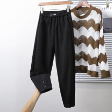 批发实拍冬款松紧腰大码宽松版时尚加厚毛呢哈伦裤胖MM显瘦高腰女裤