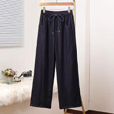 批发实拍2026春款<b class='q'>大码</b><b class='q'>韩版</b>松紧腰直筒牛仔女长裤胖MM高腰宽松拖地女裤