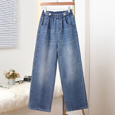 批发实拍2026春款大码<b class='q'>松紧</b>腰窄版直筒牛仔女长裤胖MM高腰拖地阔腿女裤